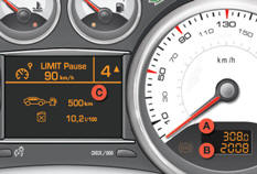 A. Compteur kilométrique journalier. (km ou miles) B. Totalisateur kilométrique.